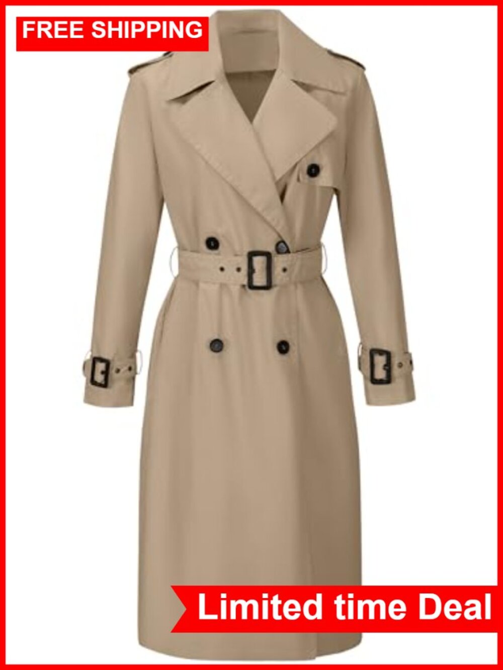 Women Double-Breasted Long Waterproof Trench Coat Belted